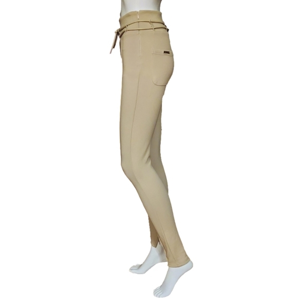 Maniere De Voir Tie Detail Neoprene Zip Ankle Pintucked Leggings In Beige - Picture 4 of 16